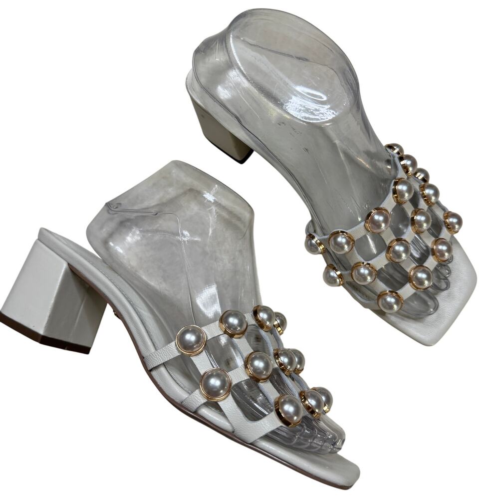 Cecelia NY Women's Silver Pearl Embellished Square Toe Block Heel Sandals Size 7